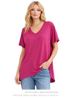 Soft Luxe Magenta V Neck Tunic Tee Slouchy Minimalist Draped Top L